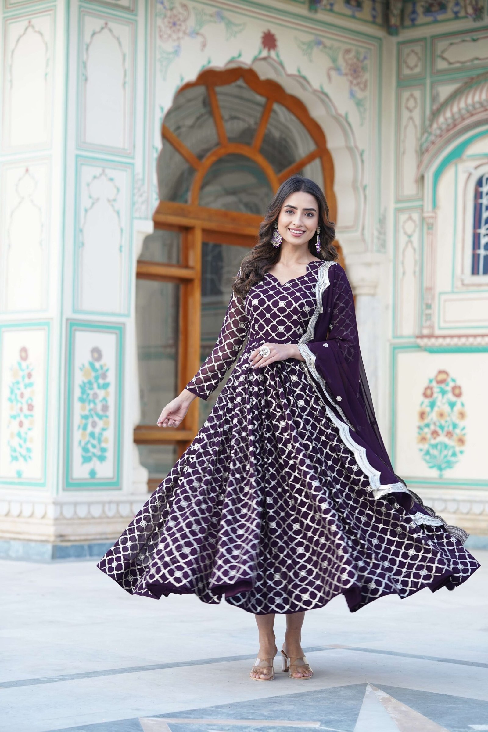 Wine Faux Blooming Designer Gown with Sequined Dupatta ? Elegant Fully Flared Party & Wedding Set - Image 3